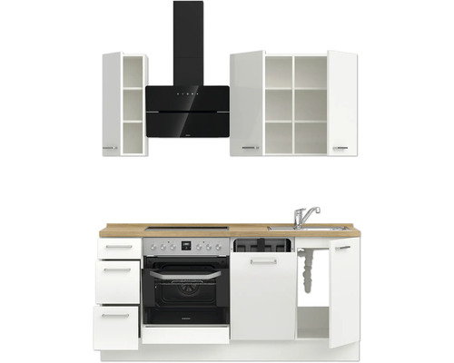 Komplette Küchenzeile mit Spüle, Kochfeld, Backofen, Dunstabzugshaube und Schränken