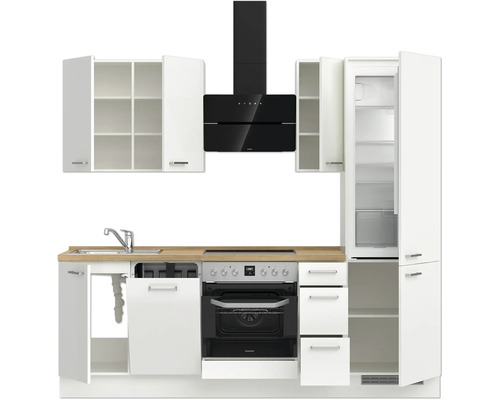 Komplette Küche mit Hängeschränken, Dunstabzugshaube, Spüle, Herd und Kühlschrank