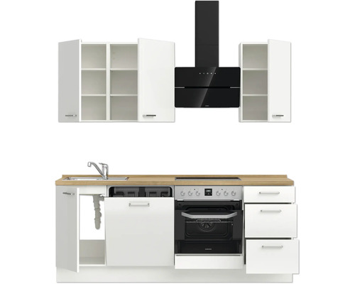 Komplette Küchenzeile mit Spüle, Herd, Dunstabzugshaube und Schränken