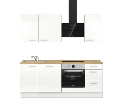 Komplette Küchenzeile mit Spüle, Kochfeld, Backofen, Dunstabzugshaube und Schränken