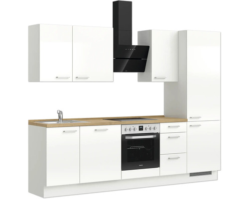 Einbauküche mit Spüle, Herd, Backofen, Dunstabzugshaube und Schränken