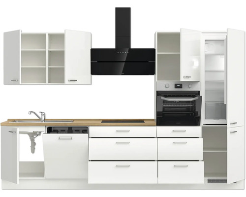 Komplette Küche mit Spüle, Geschirrspüler, Schubladen, Herd, Dunstabzugshaube, Hängeschränken und Kühlschrank