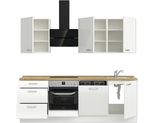 Küchenzeile mit Hängeschränken, Dunstabzugshaube, Spüle und Elektrogeräten