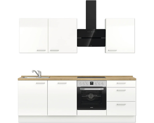 Küchenzeile mit Spüle, Herd, Backofen, Dunstabzugshaube und Hängeschränken