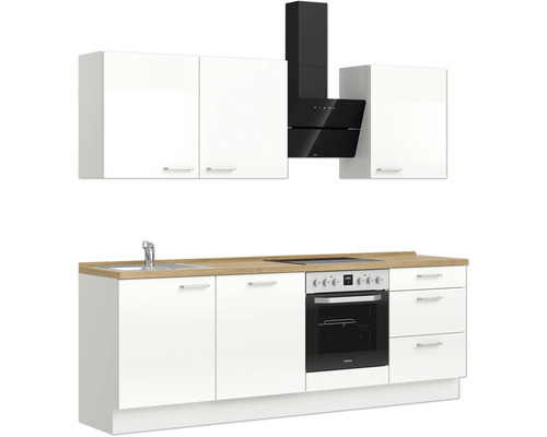 Küchenzeile mit Spüle, Kochfeld, Backofen, Dunstabzugshaube und Schränken