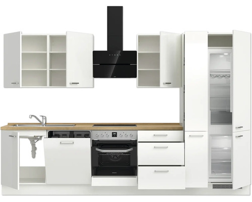 Komplette Küchenzeile mit Spüle, Geschirrspüler, Kochfeld, Backofen, Dunstabzugshaube, Kühl-Gefrierkombination und Hängeschränken