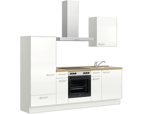 Küchenzeile mit Hängeschrank, Dunstabzugshaube, Spüle und Elektrogeräten