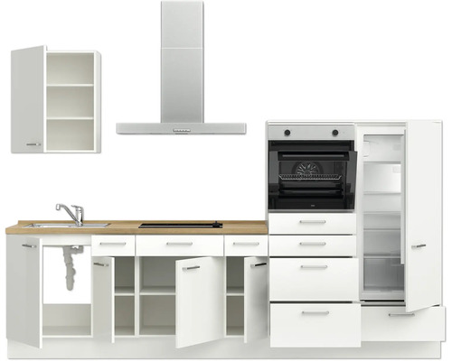 Komplette Küchenzeile mit Spüle, Kochfeld, Dunstabzugshaube, Backofen und Kühlschrank
