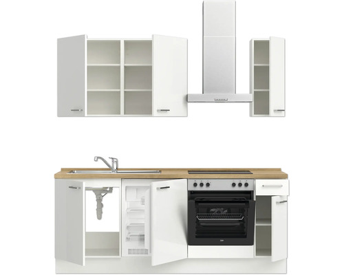 Küchenzeile mit Spüle, Kühlschrank, Herd, Backofen und Dunstabzugshaube mit weißen Fronten und Holzarbeitsplatte