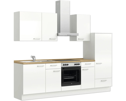 Küchenzeile mit Spüle, Kochfeld, Backofen, Dunstabzugshaube und Hängeschränken