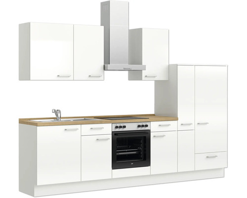 Komplette Küchenzeile mit Spüle, Kochfeld, Backofen, Dunstabzugshaube und Schränken