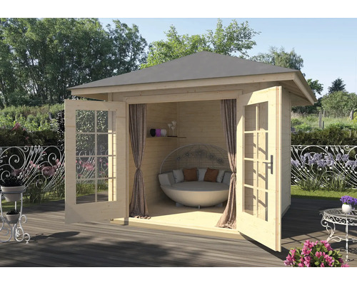 Gartenhaus weka 177 Gr. 2 inkl. Fußboden 380 x 380 cm natur Gartenhaus mit Doppeltür und runder Sitzgelegenheit im Inneren