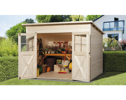 Gartenhaus weka 325 Gr. 4 inkl. Fußboden 301 x 301 cm natur Gartenhaus aus Holz mit geöffneten Doppeltüren und Fenster