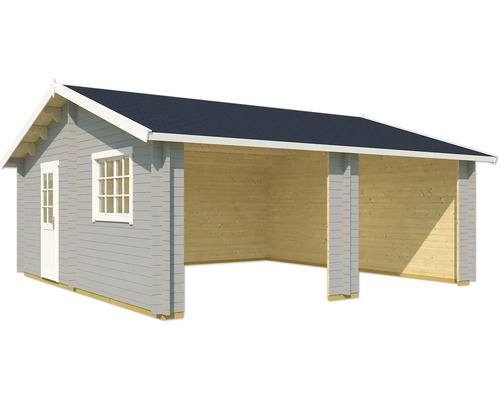 Holzgarage mit Eingangstür und Fenster