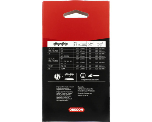 Verpackungsrückseite einer Oregon Sägekette mit technischen Daten
