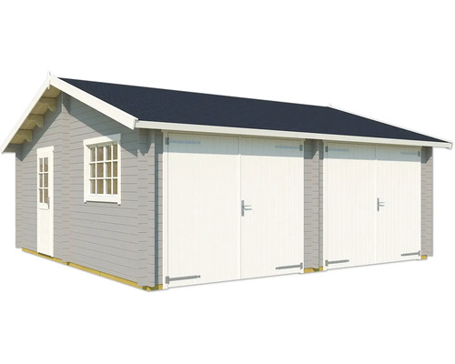 Doppelgarage aus Holz mit zwei Toren und einer Seitentür