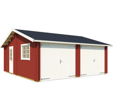 Rote Holzgarage mit zwei Toren und einem Fenster