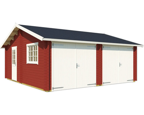 Rote Holzgarage mit zwei Toren und einem Fenster
