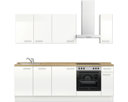 Küchenzeile mit Spüle, Kochfeld, Backofen und Dunstabzugshaube.