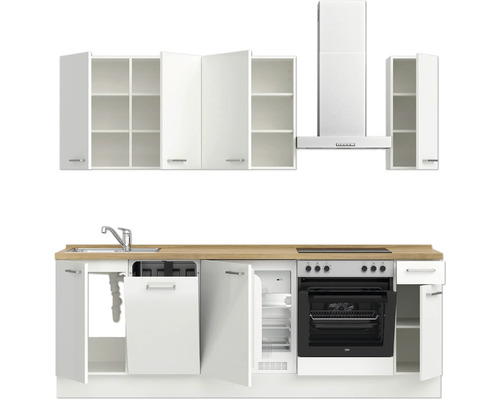 Komplette Küchenzeile mit Ober- und Unterschränken, Spüle, Geschirrspüler, Kühlschrank, Herd und Dunstabzugshaube