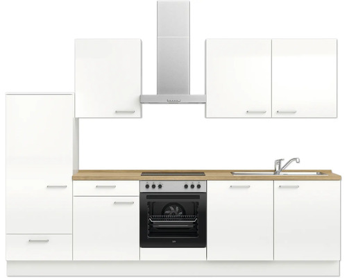 Küchenzeile mit Spüle, Herd, Backofen und Dunstabzugshaube vor weißem Hintergrund