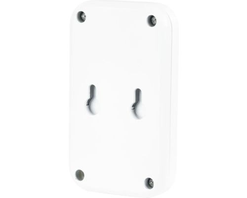 Rückseite eines rechteckigen, weißen Geräts mit Schrauben und Aufhängelöchern