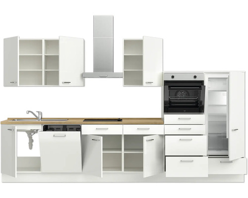 Küchenzeile mit Spüle, Geschirrspüler, Herd, Dunstabzugshaube, Backofen und Kühlschrank