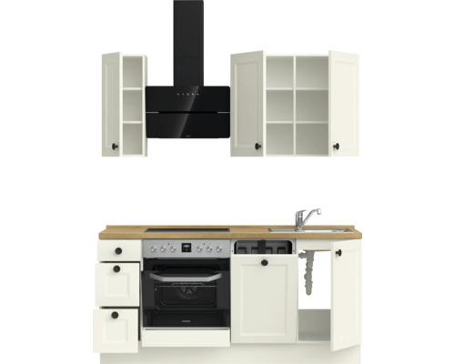 Küchenzeile mit Hängeschränken, Dunstabzugshaube, Spüle und Elektroherd