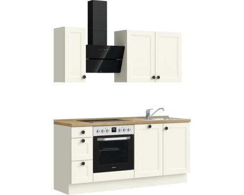 Küchenzeile mit Spüle, Kochfeld, Backofen und Dunstabzugshaube