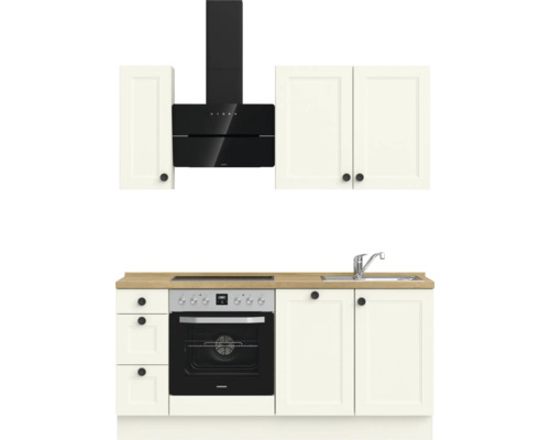 Küchenzeile mit Hängeschränken, Dunstabzugshaube, Spüle und Elektroherd