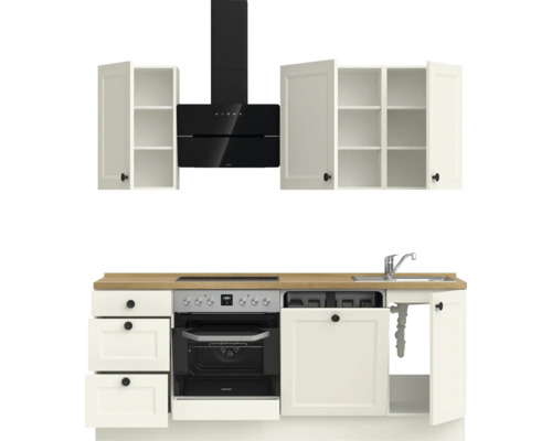 Küchenzeile mit Unterschränken, Spüle, Herd, Backofen, Dunstabzugshaube und Hängeschränken