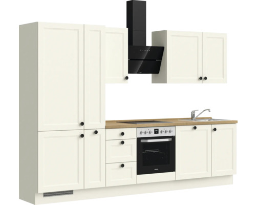 Küchenzeile mit Hochschrank, Hängeschränken, Spüle, Herd, Backofen und Dunstabzugshaube