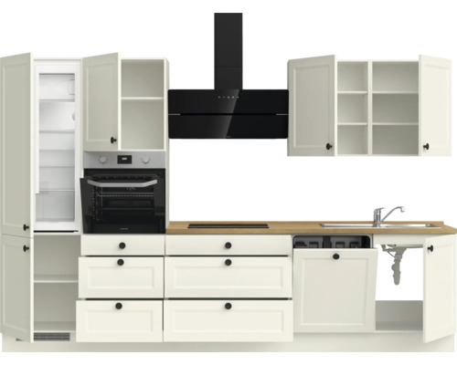 Küchenzeile mit Kühlschrank, Backofen, Dunstabzugshaube, Spüle und Schränken