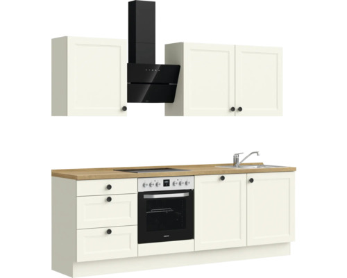 Küchenzeile mit Hängeschränken, Dunstabzugshaube, Spüle, Kochfeld und Backofen