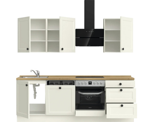 Küchenzeile mit Hängeschränken, Spüle, Herd, Backofen und Dunstabzugshaube