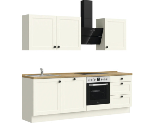 Küchenzeile mit Spüle, Kochfeld, Backofen, Dunstabzugshaube und Schränken