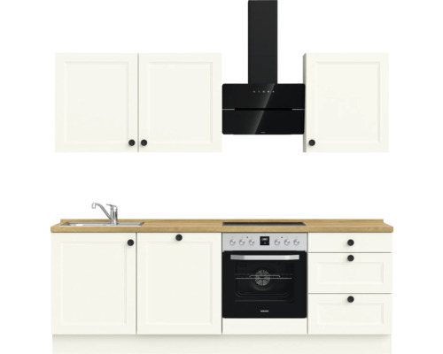 Küchenzeile mit Hängeschränken, Dunstabzugshaube, Spüle, Kochfeld, Backofen und Schubladen