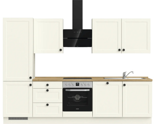 Küchenzeile mit Schränken, Spüle, Herd und Dunstabzugshaube