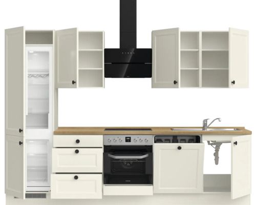 Küchenzeile mit Kühlschrank, Herd, Spüle und Dunstabzugshaube