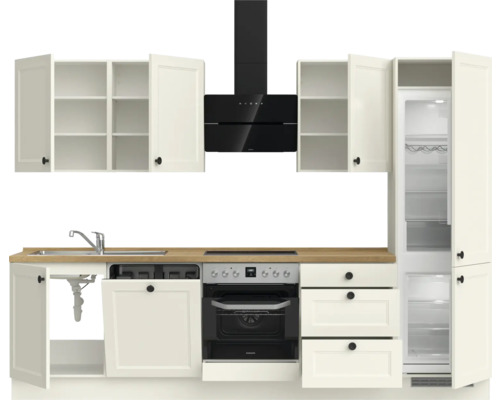 Küchenzeile mit Spüle, Geschirrspüler, Herd, Backofen, Dunstabzugshaube, Schubladen und Kühlschrank in heller Ausführung