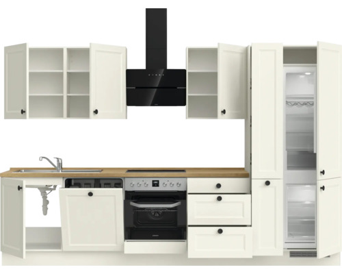 Küchenzeile mit Spüle, Geschirrspüler, Herd, Backofen, Dunstabzugshaube, Schubladen, Hängeschränken und Kühlschrank