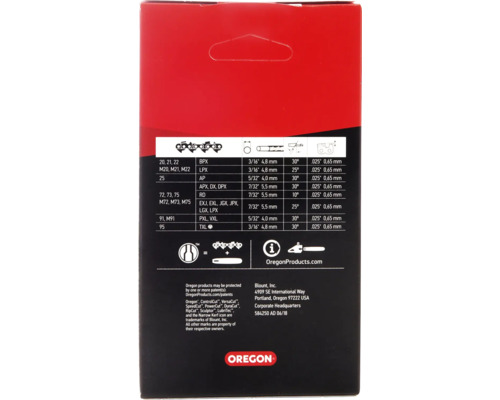 Oregon Kettensägenzubehör Informationstabelle auf der Verpackung.