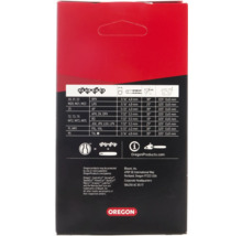 Verpackungsrückseite einer Oregon Sägekette mit technischen Details und Oregon Logo