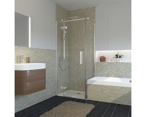 Verkürzte Seitenwand für Drehtür Breuer Avanta 80 cm Klarglas Profilfarbe chrom Helles Badezimmer mit Dusche, Waschbecken und Badewanne