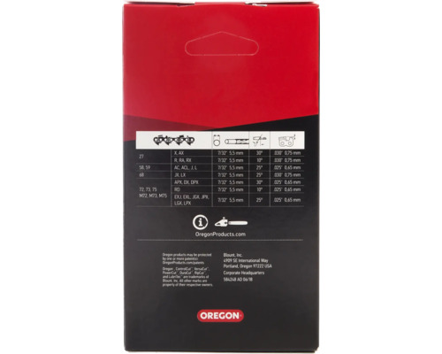 Informationen zu Kettentypen und -größen auf einer Verpackung der Marke Oregon