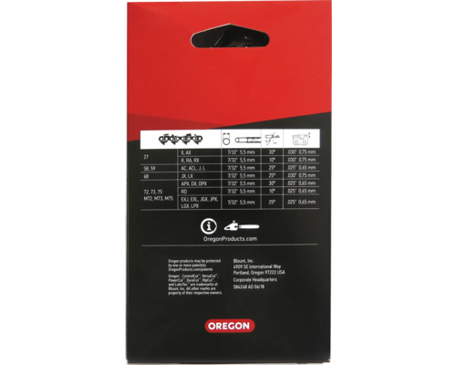 Verpackungsrückseite einer Oregon Sägekette mit technischen Daten und Herstellerinformationen