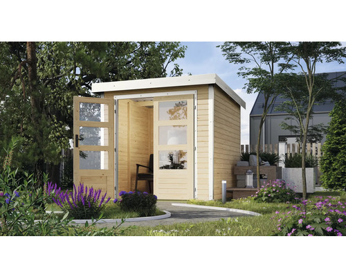 Holzgartenhaus mit Glastüren und Flachdach im Garten.