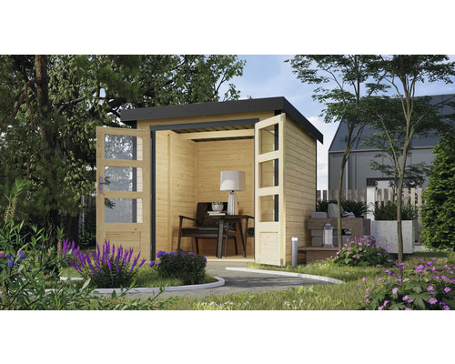 Gartenhaus Karibu Metalwood Blech anthrazit 228,4 x 236,5 cm natur Gartenszene mit offenem Holzgartenhaus, Gartenmöbeln und Bepflanzung