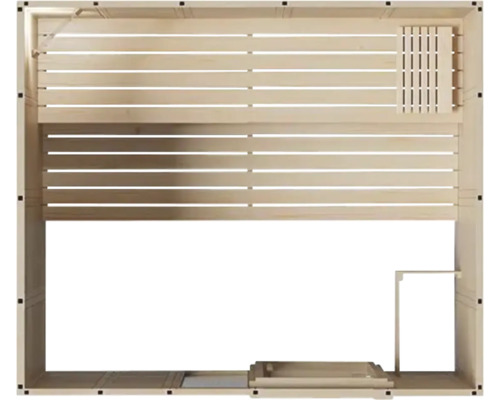 Draufsicht einer Innensauna aus Holz mit Liegeflächen