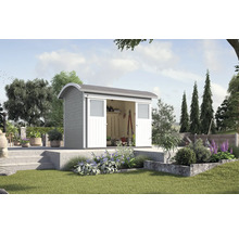 Garten Szene mit Gerätehaus aus Holz mit Doppeltür, Fenster und Geräten